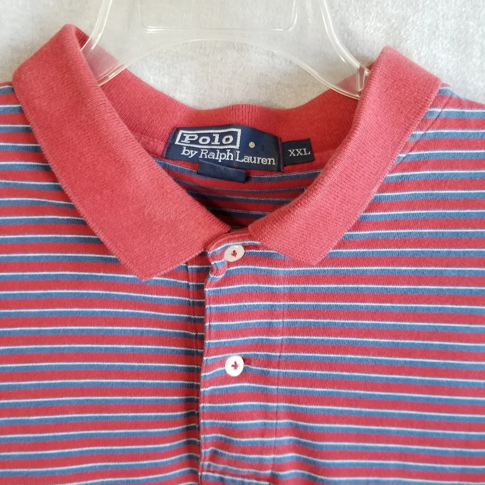 Vintage Ralph Lauren Men's 2XL Polo Shirt‎ Red Blue Stripe Short Sleeve Golf
